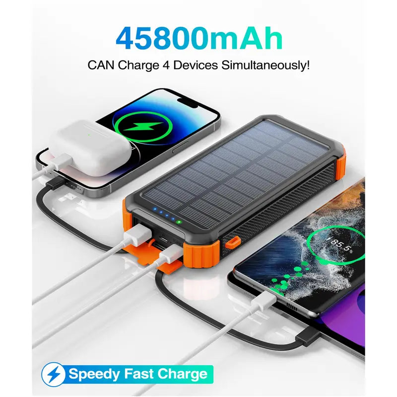 45800mAh Solar Power Bank with built-in 3 cables, USB-C, 5V3.1A QC 3.0 fast charging, compatible with iPhone, Samsung, Google, and more.